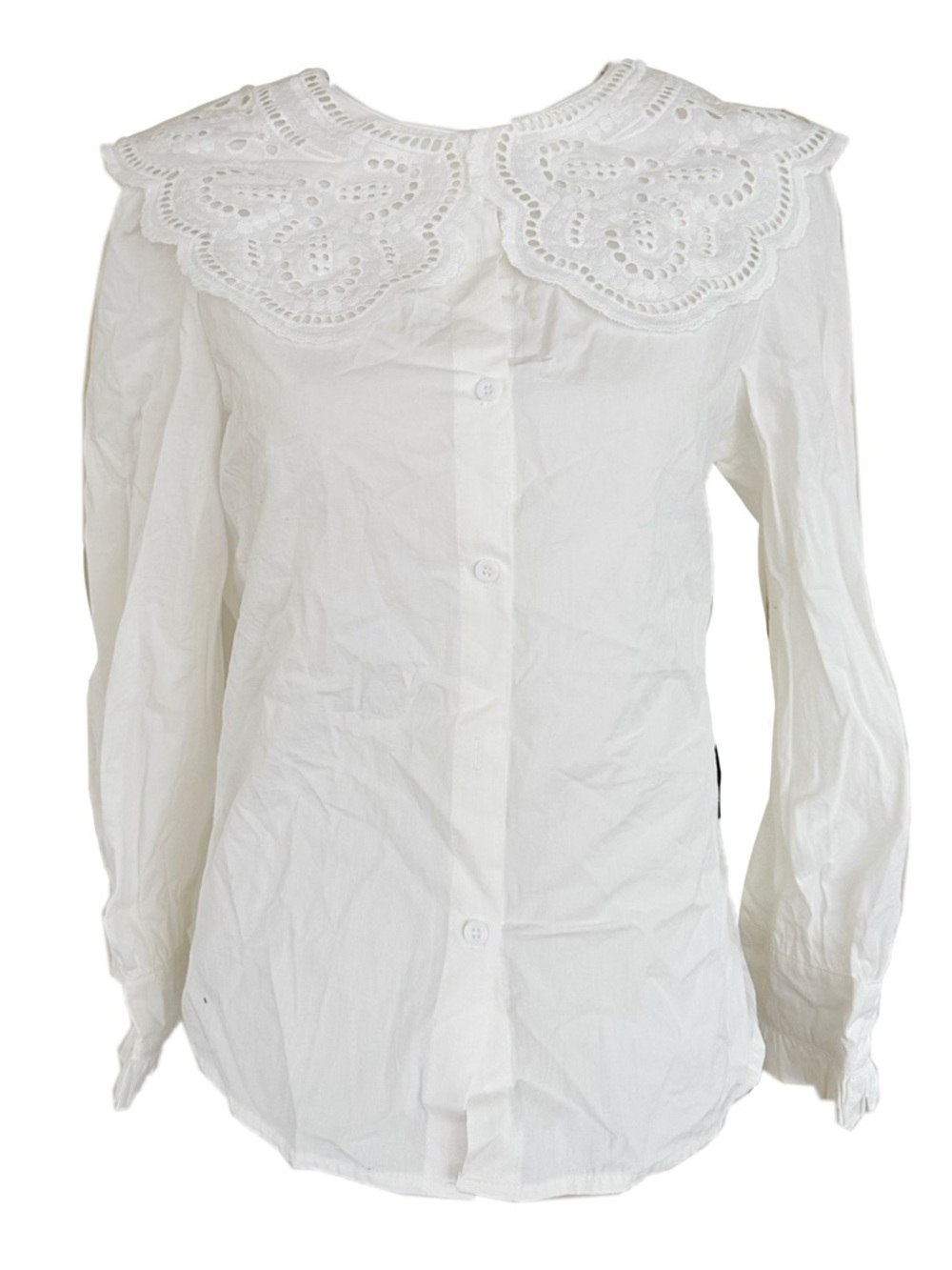 Women's White Eyelet Scallop Collar Button-Down Shirt